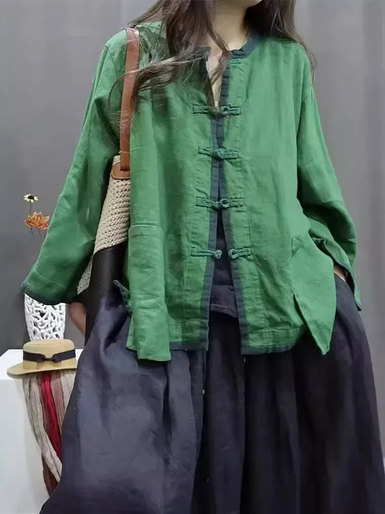 2025 novo estilo cinese cor contrastante placa fivela jaqueta de lino cardigan feminino gola alta retro casual solto topo k1861