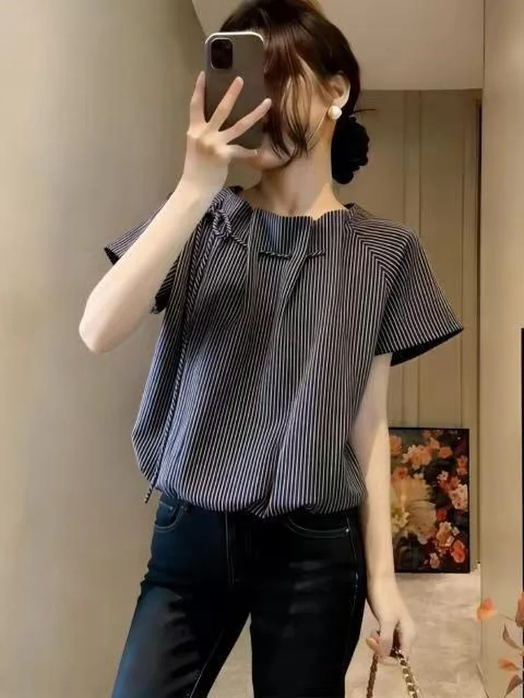 

Retro Striped Short Sleeve Tie Waist Base Shirt Women's Summer Slim Fit Bloomer Top Casual Loose Fit Breathable Skin-Friendly