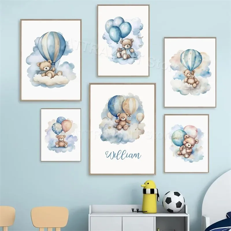 

Cute Bear Hot Air Balloon Cartoon Animal Cloud Wall Art Prints Canvas Painting Decor for Baby Nursery Kids Room