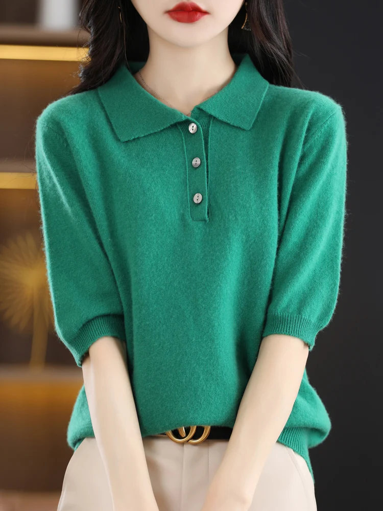 Spring Autumn Women Polo Collar Pullover Half Sleeve Thin Sweater 100% Merino Wool Knitwear Korean Casual Shirt Tops Clothing