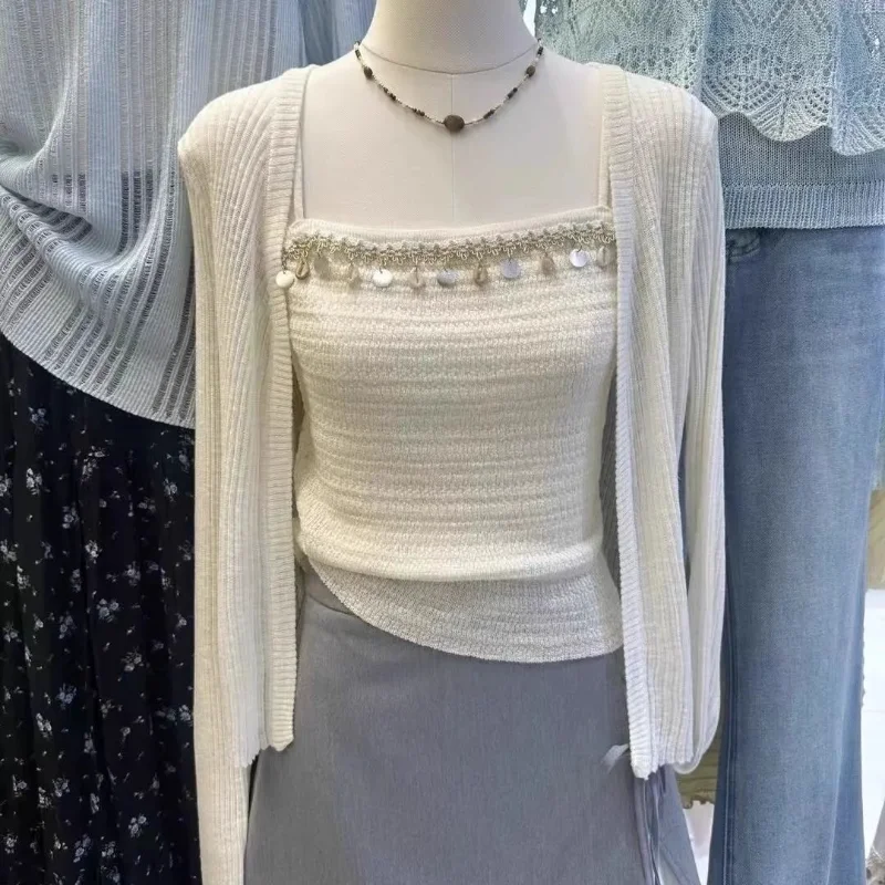 Literary Retro Gentle Heavy Industry Camisole Knitted Long-sleeved Sun Protection Cardigan Coat Women's Autumn Two-piece Set