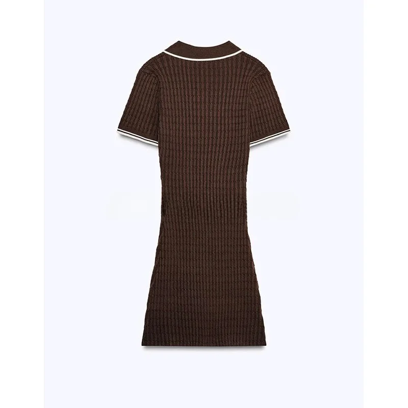 春の韓国風カラーブロック半袖ポロシャツ襟ニットミニワンピース、レーストリム付き、ポリエステル繊維00%