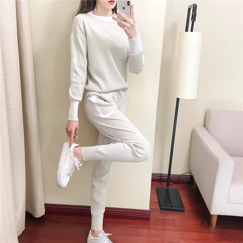 2024 Autumn 2 Pieces Set Knitted Long Sleeve Pullovers Sweater Casual Patchwork Fashion Women Tops and Pants Suits Spring