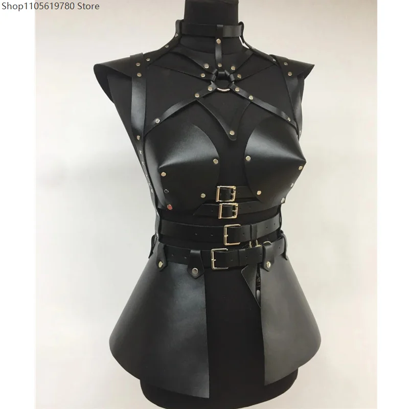 Stylish Faux‑Leather Harness Skirt Costume Adjustable Metal Buckle Rivet Embellishment Multi‑Color Adult Cosplay Dress‑up Prop