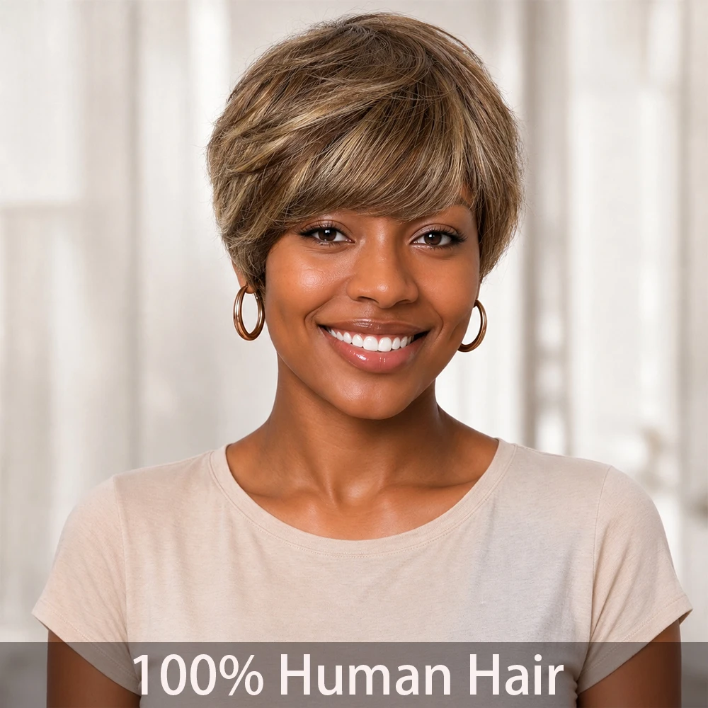 Women'S Brazilian Remy Human Hair Wig - Human Hair  Short Straight Pixie Cut With Bangs  Fully Machine  Made Brown/Blonde Mix (4/27#) | Real Human Hair  200% Density