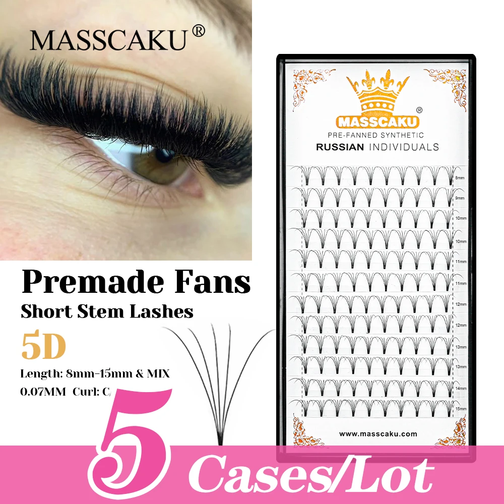 5cases/lot High Quality MASSCAKU Soft Ribbon Thin Root Short Stem Lash Individual Natural Premade Volume Fan Lashes Easy to Pick