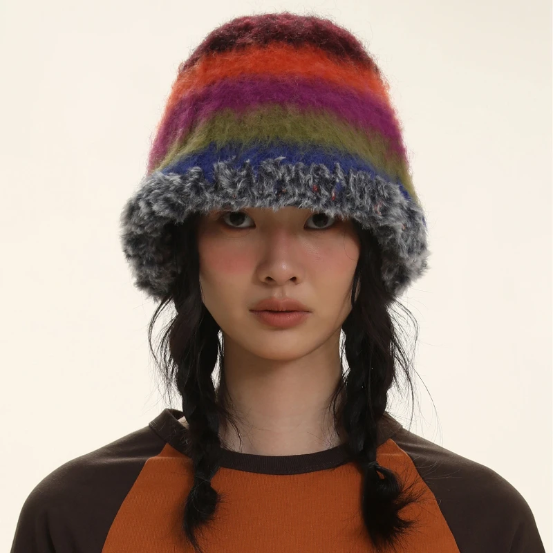 Japanese New Gradient Wool Vintage Color Stripe Beanies Women Handmade Crochet Beanie Thick Warm Knitted Hat Winter Bucket Hat