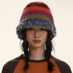 Japanse Nieuwe Gradiënt Wol Vintage Kleur Streep Beanies Vrouwen Handgemaakte Gehaakte Beanie Dikke Warme Gebreide Muts Winter Bucket Muts