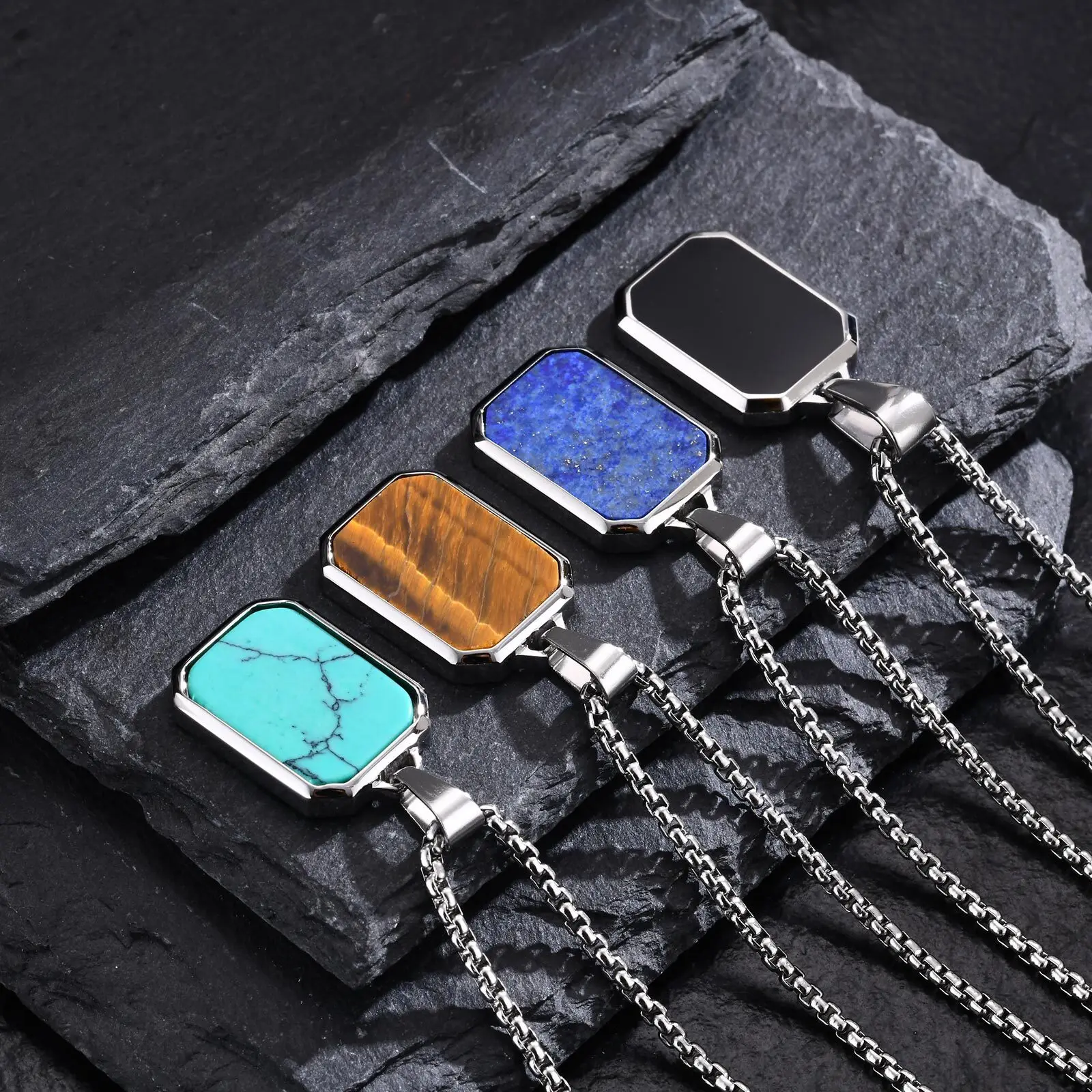 Vnox Natural Stone Pendant Necklaces for Men, Geometric Square Stainless Steel Necklaces Collar, Simple Casual Male Jewelry Gift image 3