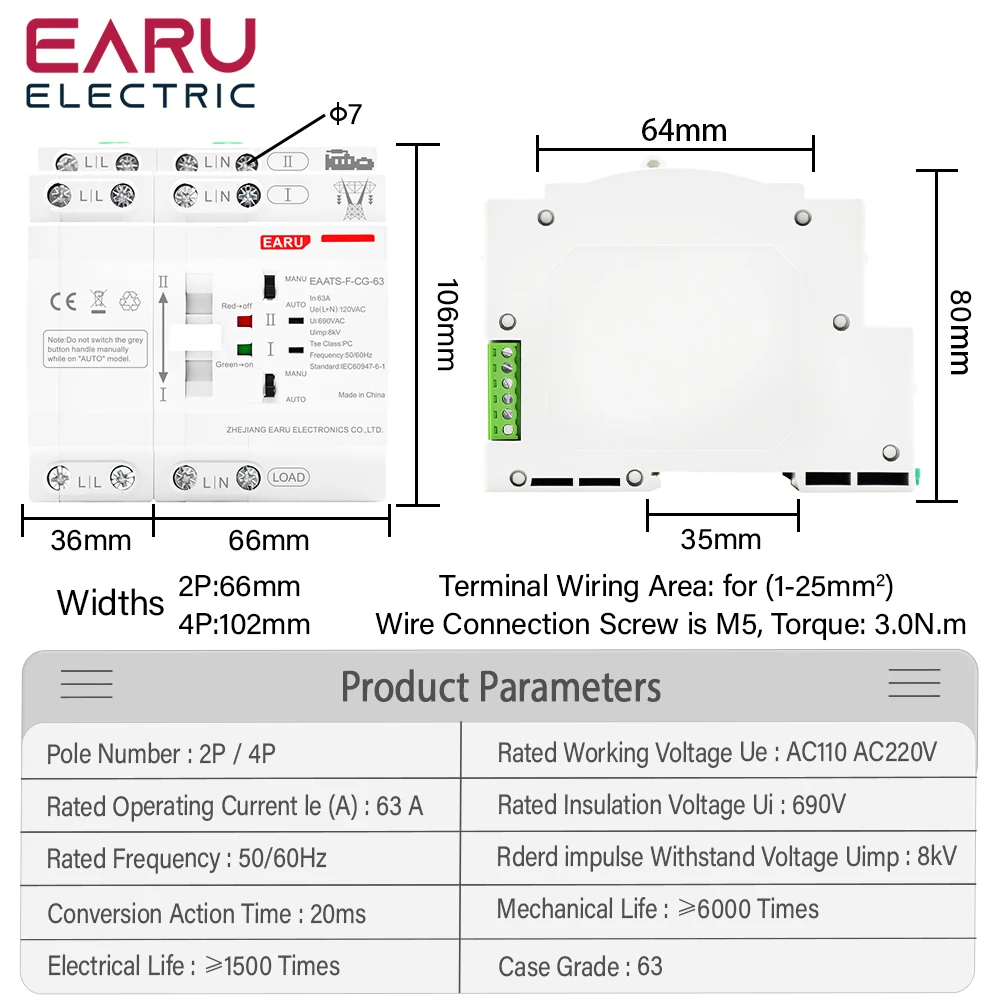 Din Rail 2P 4P 63A AC 110V AC 220V ATS Dual Power Automatic Transfer Switch Electrical Selector Switches Uninterrupted Power