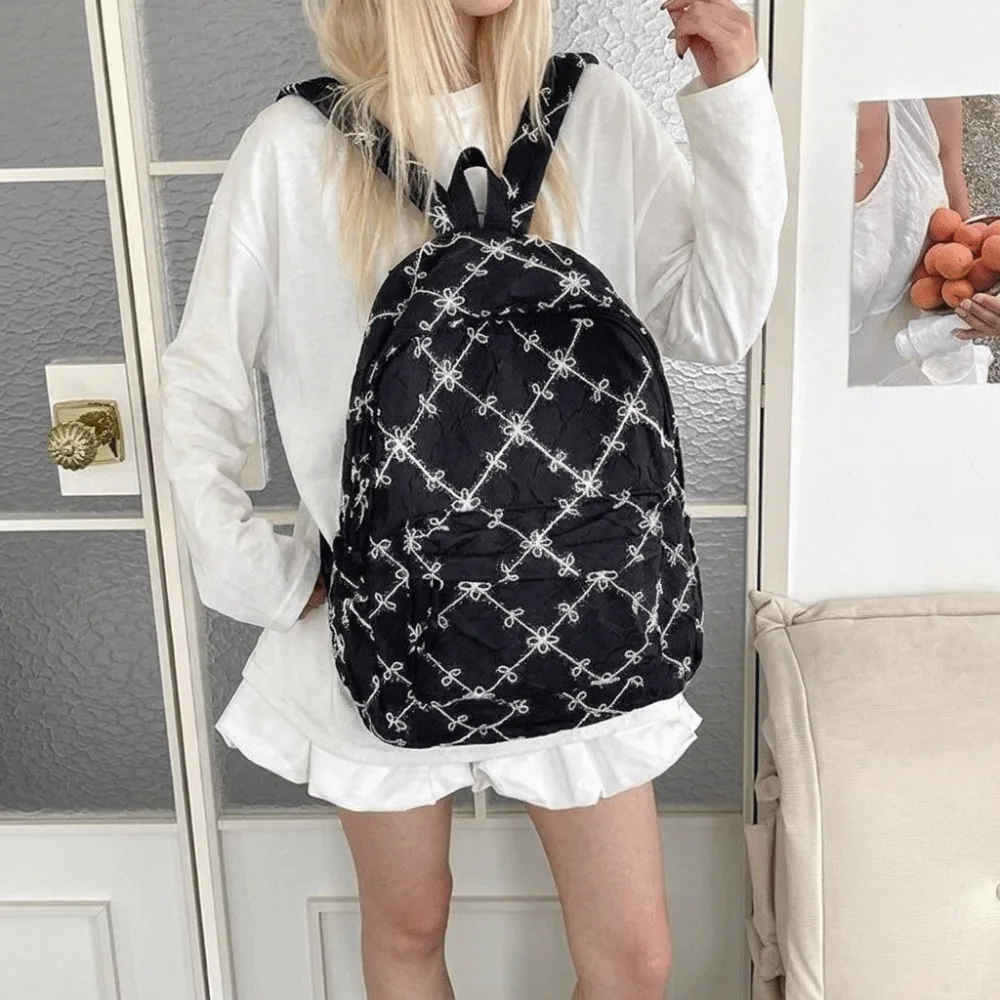 Cute Sweet Bow Backpack Minimalist Multi Pocket Nylon Rucksack Solid Color Durable Student School Bag Daily