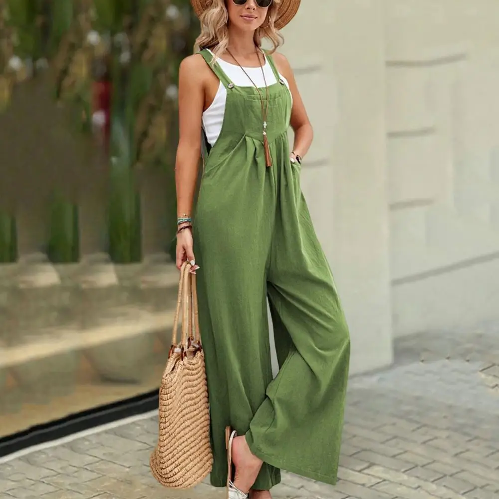 

Women Jumpsuit Baggy Bib Overalls Square Neck Sleeveless High Waist Pockets Wide Leg Casual Jumpsuit Streetwear monos para mujer