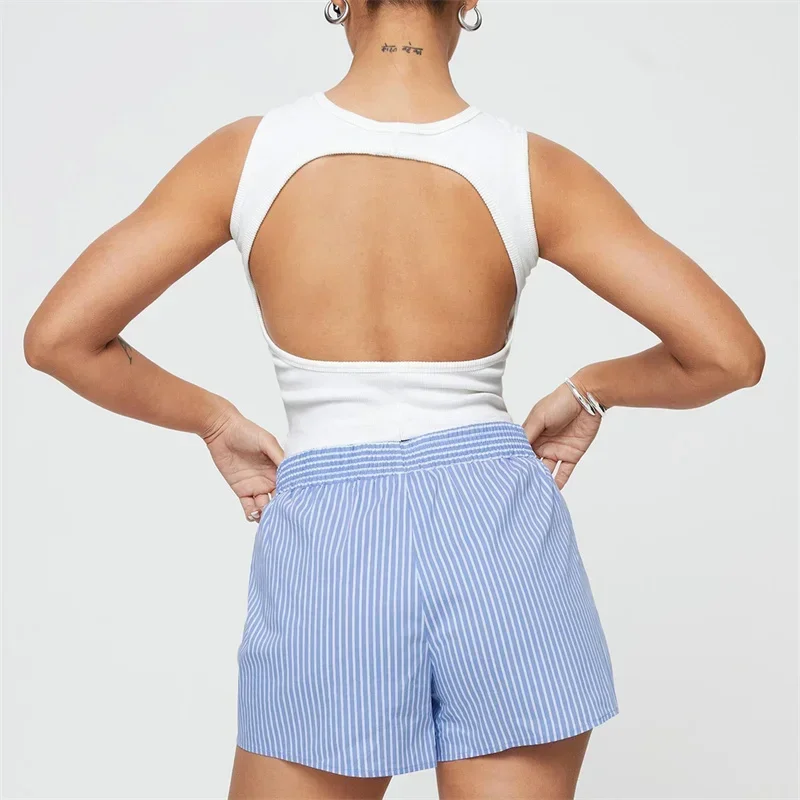 Женские шорты в полоску y2k, эстетичные шорты 1920-х годов с эластичной завышенной талией, повседневные модные брюки, уличная одежда, 2000
