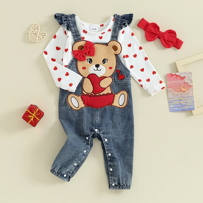 Baby Girl Clothes Heart Long Sleeve Romper Embroidery Bear Denim Overalls Jumpsuit Headband Valentine s Day Outfit