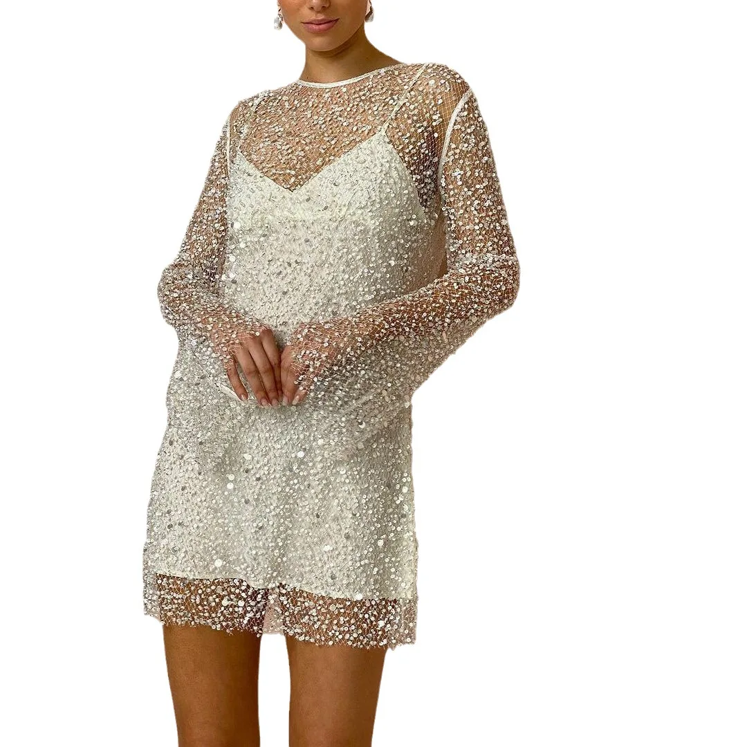 2025 Nuovo abito da donna a maniche lunghe in tulle con perline bianche Set da due pezzi, mini abito con top a tubo