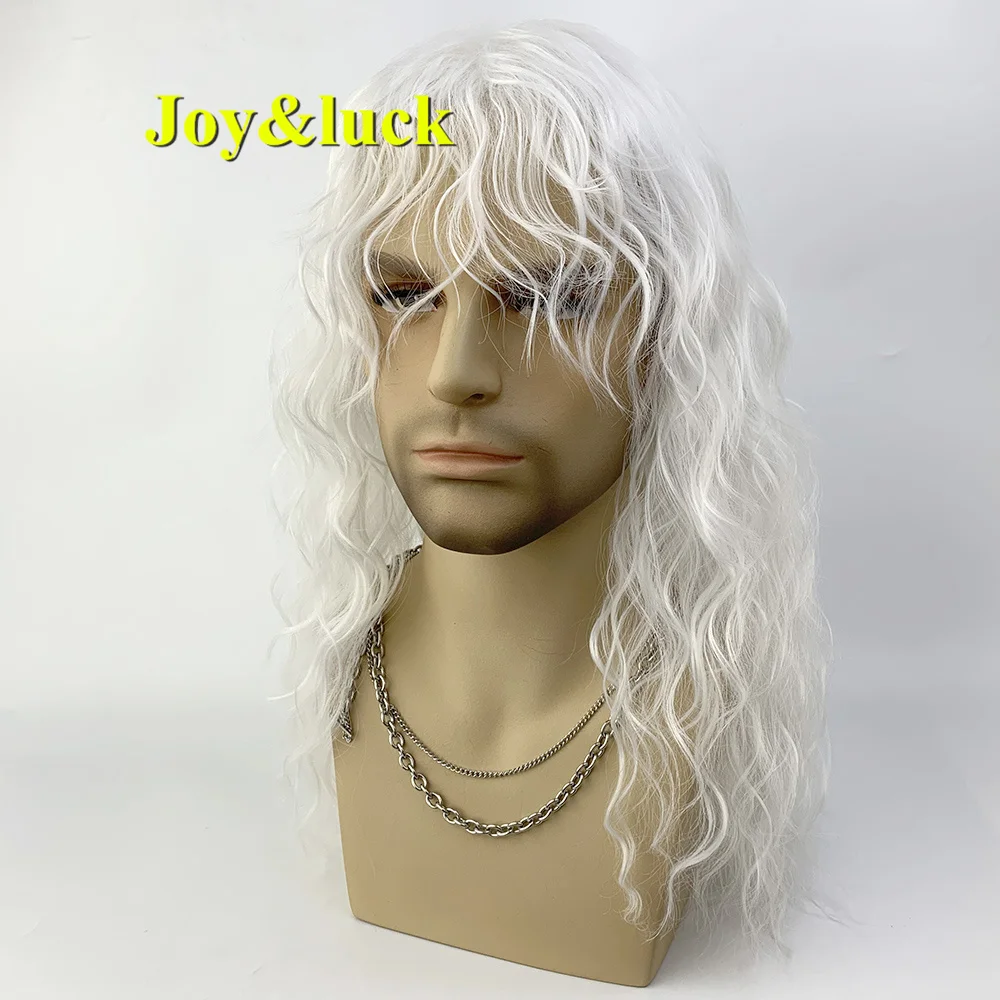 Synthetic Cospaly White Men\'s Wig With Bangs Natural Curls High Quality Party Rock Man\'s Hair  Wig