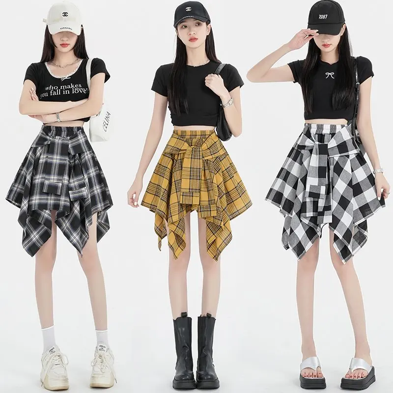 

Preppy Style Irregular Plaid Skirts Women Summer High Waist Lace-up Sweet Mini Skirts Jupe Femme