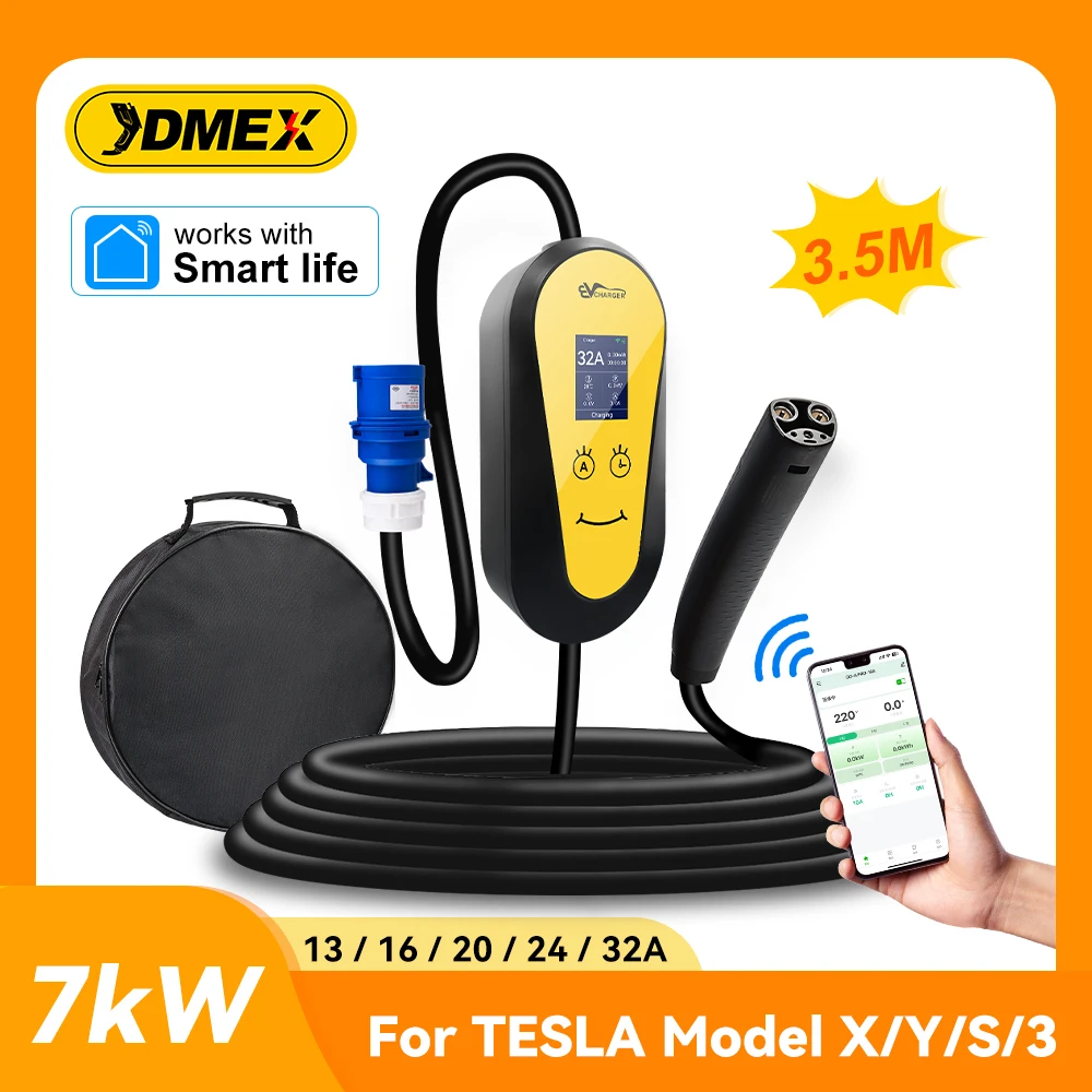 

JDMEX For Tesla EV Portable Charger With APP Control Electric Car Charger 7KW 32A 1Phase EVSE Wallbox Charger Adjustable Current