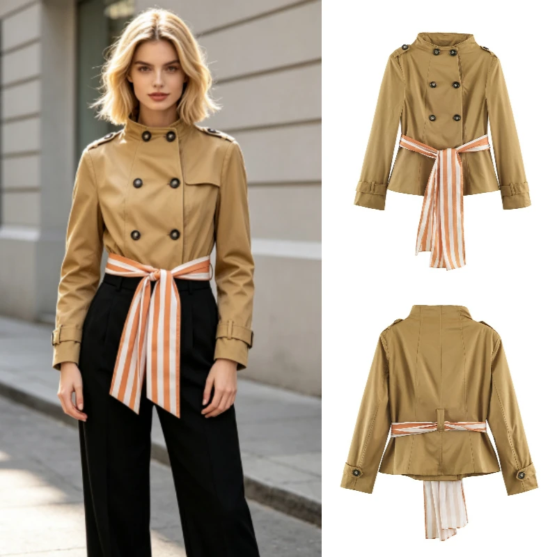 Women's Jacket 2026 Autumn British Style Cropped Double Breasted Stand Collar Scarf Detail Streetwear Elegant Coat