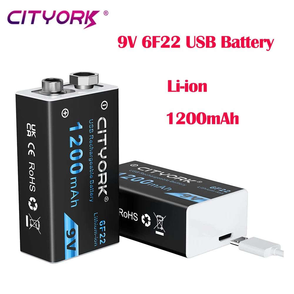 CITYORK 9V 6F22 Li-Ionen-Akku 1200mAh Micro 9V USB Lithium-Akkus mit USB-Kabel für Metalldetektor Mikrofon