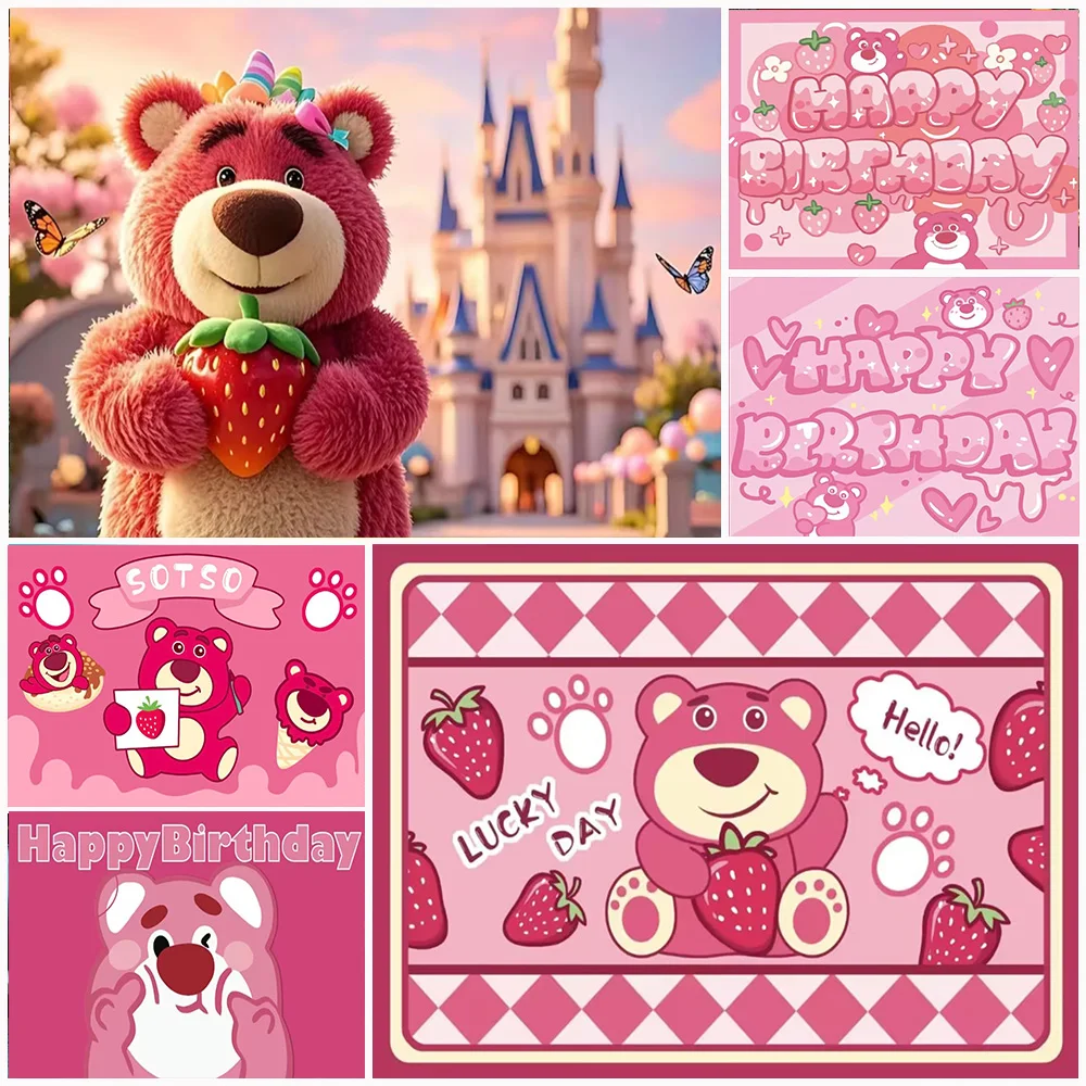 

Disney Cute Strawberry Bear Birthday Party Decoration Backdrop Cartoon Pink Lotso Background Kids Gift Supplies Photography Prop