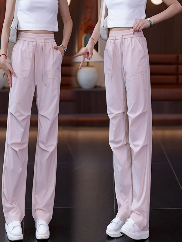 

Быстросохнущие брюки из ледяного шелка для работы, прямые, женские, летние, новые, с высокой талией, тонкие, повседневные, узкого кроя, с защитой от солнца, широкие штанины