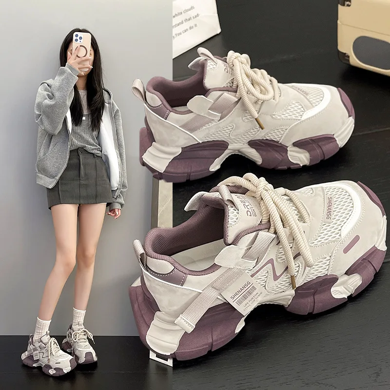 

Women's Chunky Platform Sneakers 2026 Breathable Mesh Purple Lace-Up Casual Walking Shoes for Trendy Street Style Height Boos