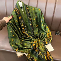 Bufanda de seda de marca de moda para mujer, chal de Pashmina Floral azteca de lujo, verde oscuro, suave, Hijab musulmán, 2022x90Cm, 180