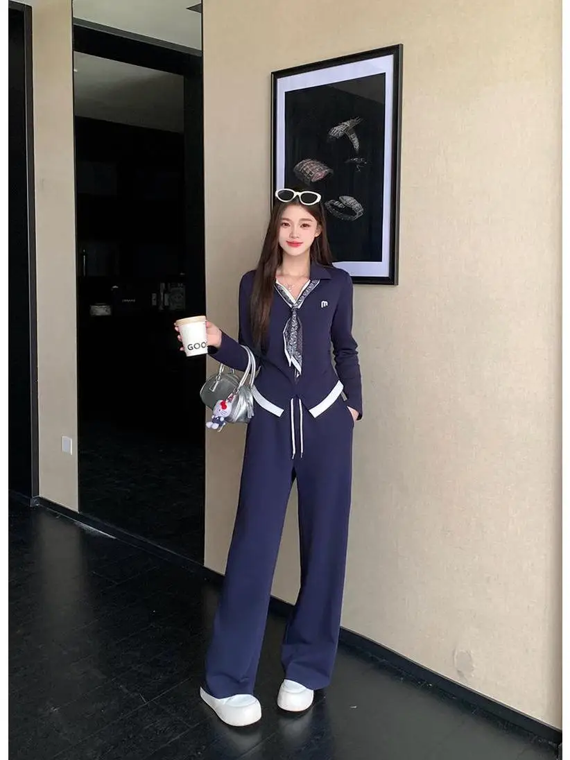 Plus size faionable conjunto de duas peças feminino outono v-ne fita de seda calças de perna larga roupa coreano sle solto ajuste longo sve