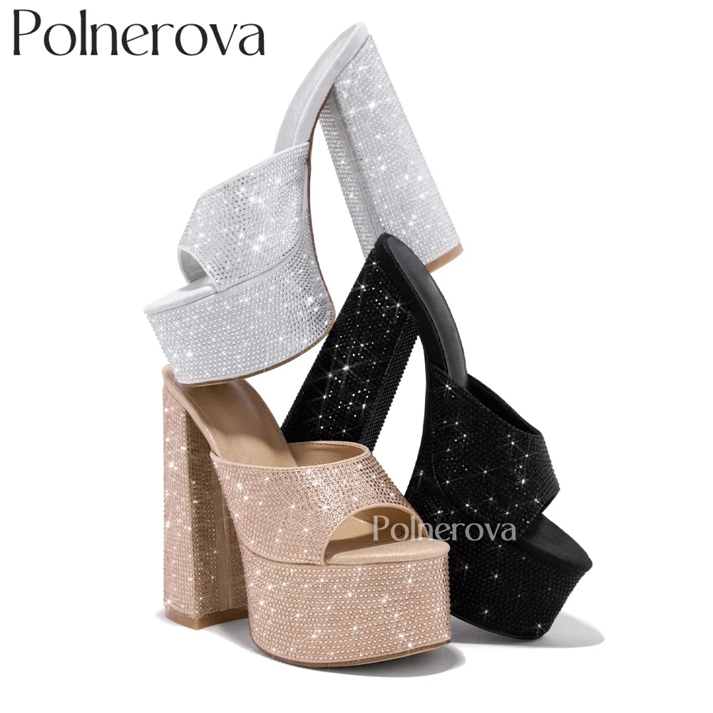 Strassbesetzte Plateau-Mules mit Blockabsatz, offene, abgerundete Zehenpartie, Slip-On-Slipper im luxuriösen Stil, Damen-Sommersandalen