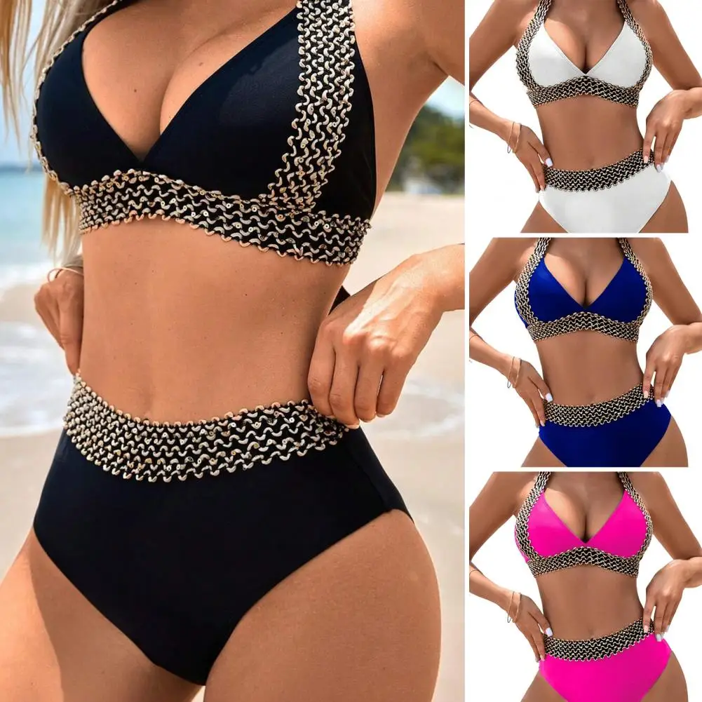 Strój kąpielowy z ramiączkami na ramiączce stylowy zestaw Bikini Halter z wysokim stanem kolor patchworku kobiet Sexy bez pleców na lato