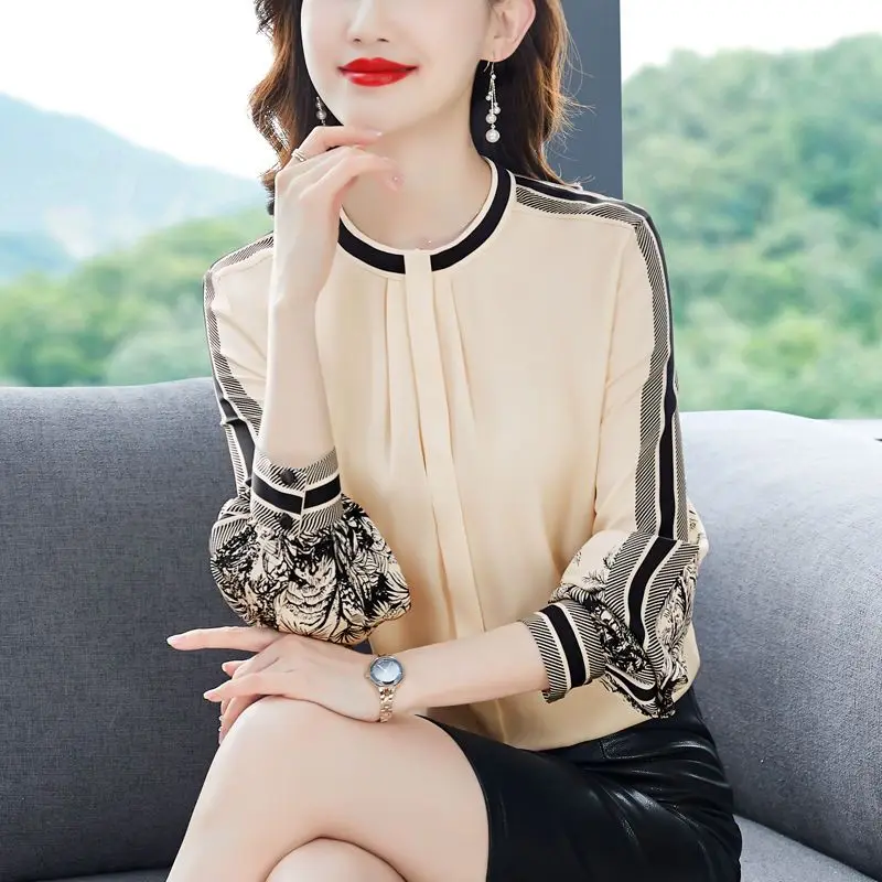 Women High Quality Satin Fashion Printed Vintage Blouses Office Lady Elegant Chic Shirts O Neck Long Sleeve Slim Tops Ropa Mujer