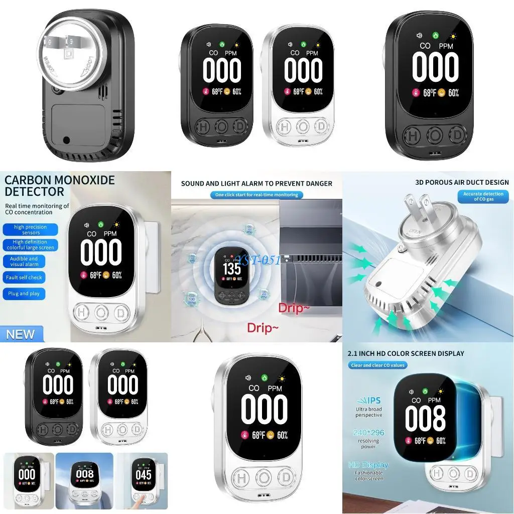 

E15A Wall CO Level Monitors Alarm Carbon Monoxide Detectors with Temp Humidity Sensors 2.1in Color Screen CO Detectors