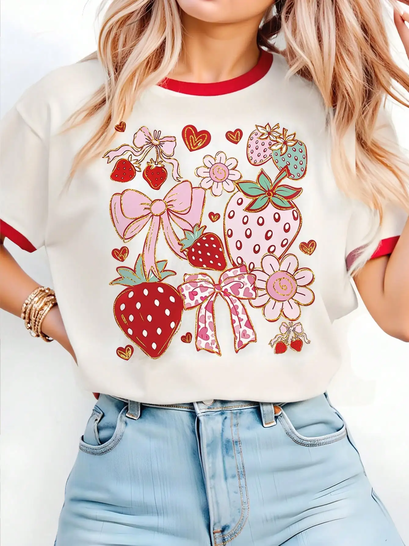 

Women's Strawberry Flower Bow Print T-Shirt with Red Trim, Casual Short Sleeve Top