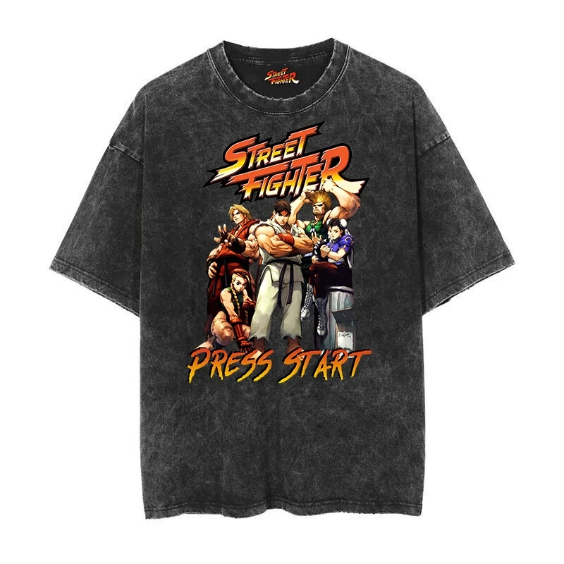 

2025 Street Fighter Street Fighter Korean Old Washed Retro Batik Men and Women Short-sleeved Cotton T-shirt