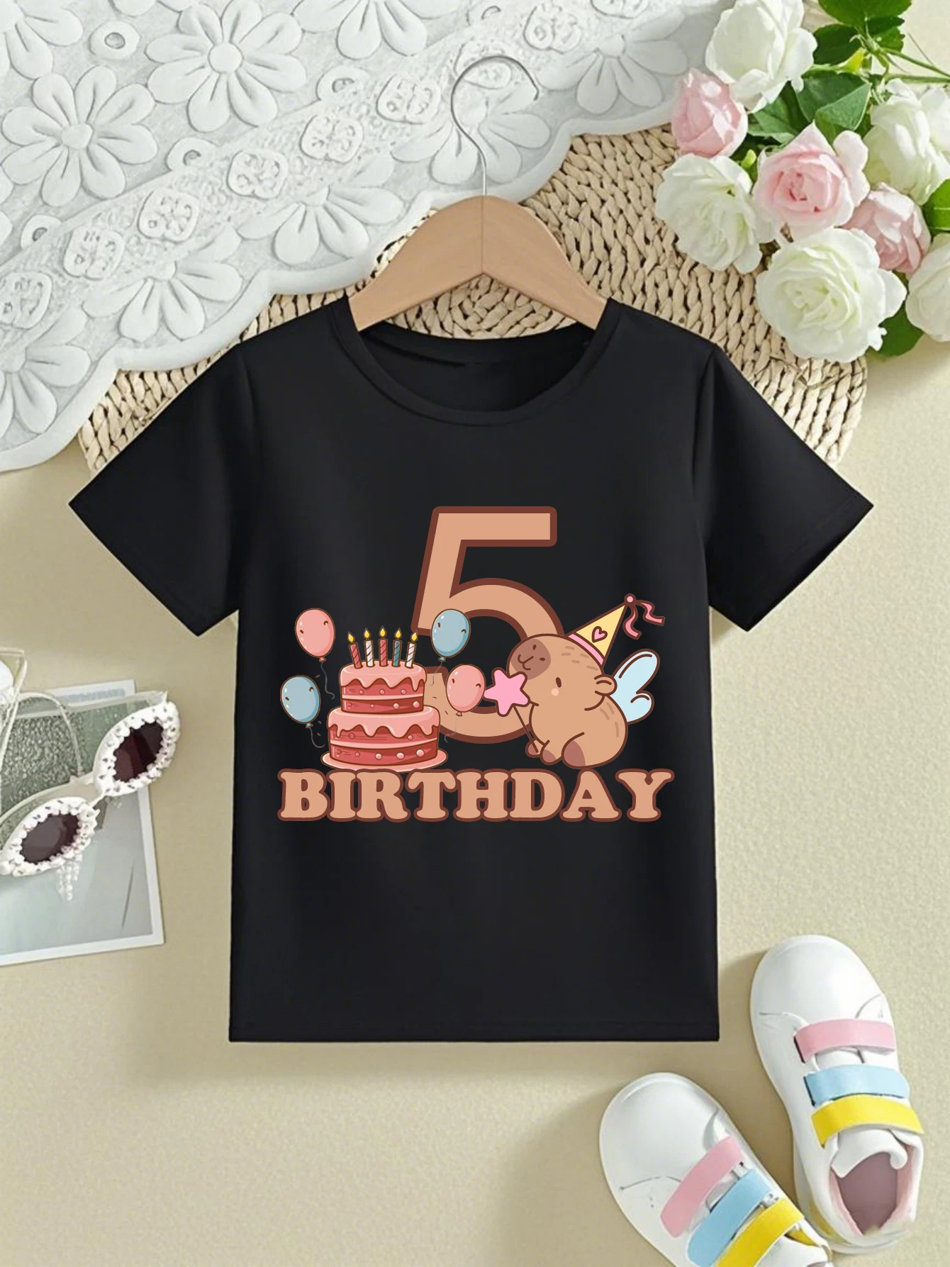 Magic Capybara Cake Balloon 4th/5th/6th Happy Birthday Printed T-Shirt Girls Cute Perfect Birthday Gift T-Shirt  Kids Clothes