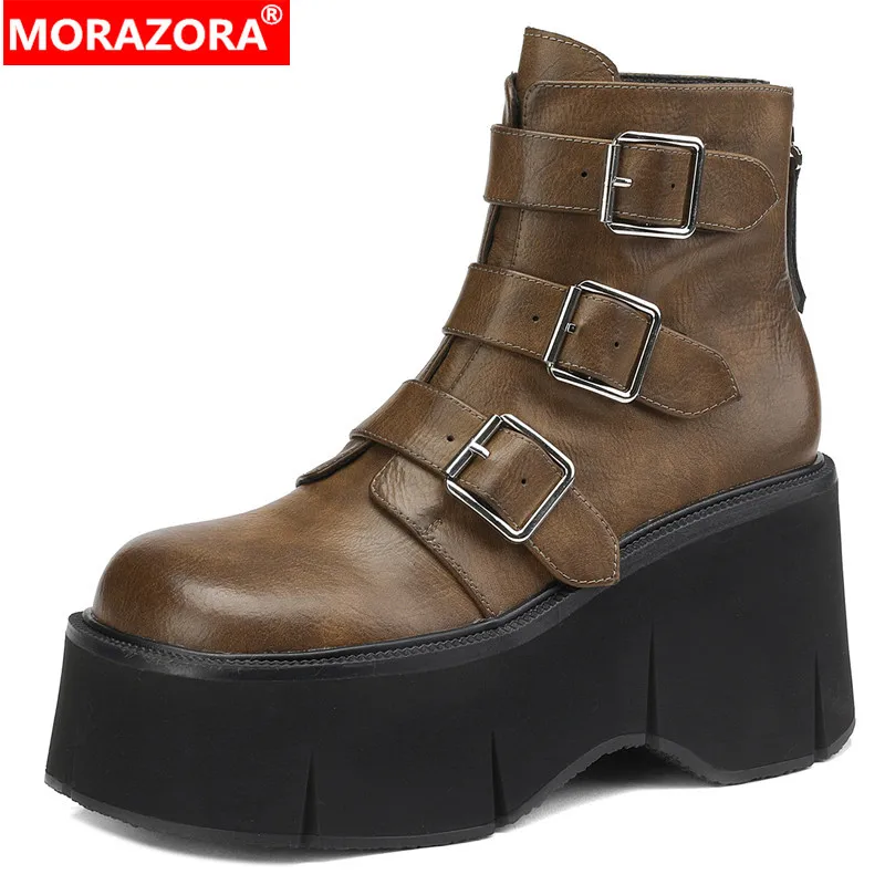 

MORAZORA 2024 New Vintage Chunky Buckle Platform Winter Boots Zipper Ankle Boots For Women Round Toe Genuine Leather Boots