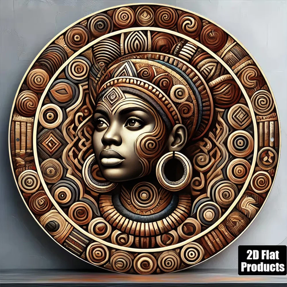 2D Metallschild 8x8 Zoll 20x20cm Runde Aluminiumplatte Vintage Afrikanische Königin Kunst Retro Ethnische Wanddekoration für Wohnzimmer Bar Café Büro