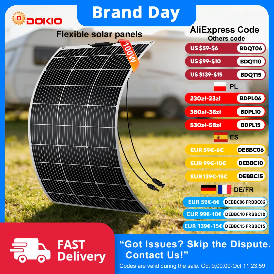DOKIO 100W Flexibles Monokristallines Solarmodul-Set 18V / 8m Kabel |   Wasserdichtes 12V Batterieladegerät für Auto, Haus, Wohnmobil