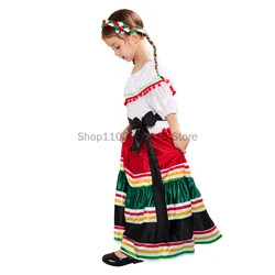 Children Traditional Folk Mexican Day Of The Dead Cosplay Costume Girls Retro Stripe Dress Kids Halloween Carnival Party Outfits