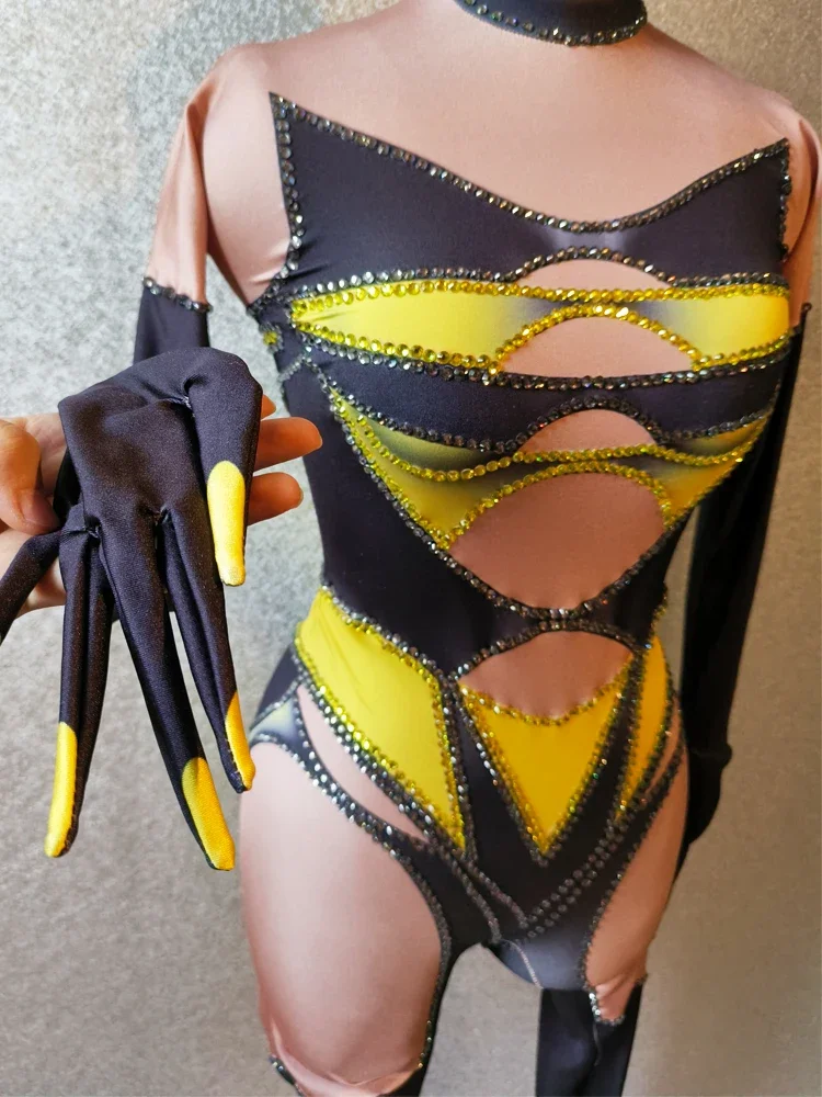 

Yellow diamond bodysuit Rhinestones Jumpsuit Sexy Pole Dance Performance Clothes Nightclub Bar Drag Show Costume