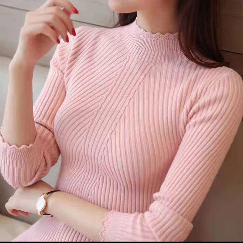 HELIAR Women Mock Neck Ruffles Sweater Long Sleeve Knitted Bottoming Solid Pullovers Stripe Casual Sweater For Women 2024 Autumn