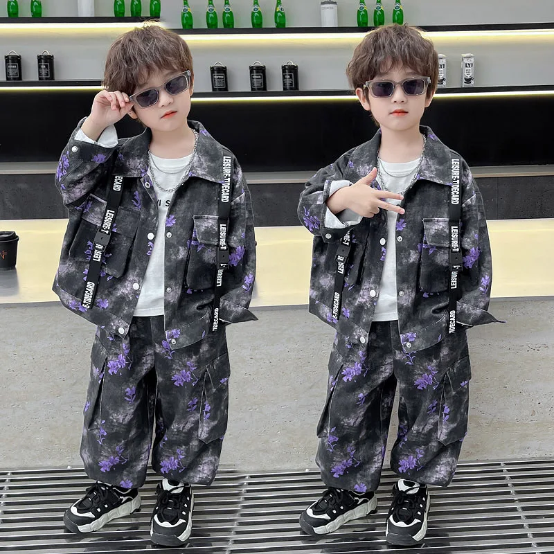 

2025 New Spring Children's Sets Boy's Overalls Two-piece Suit Boys Spring Outfits Fashionable Dyeing Clothes 90-150cm