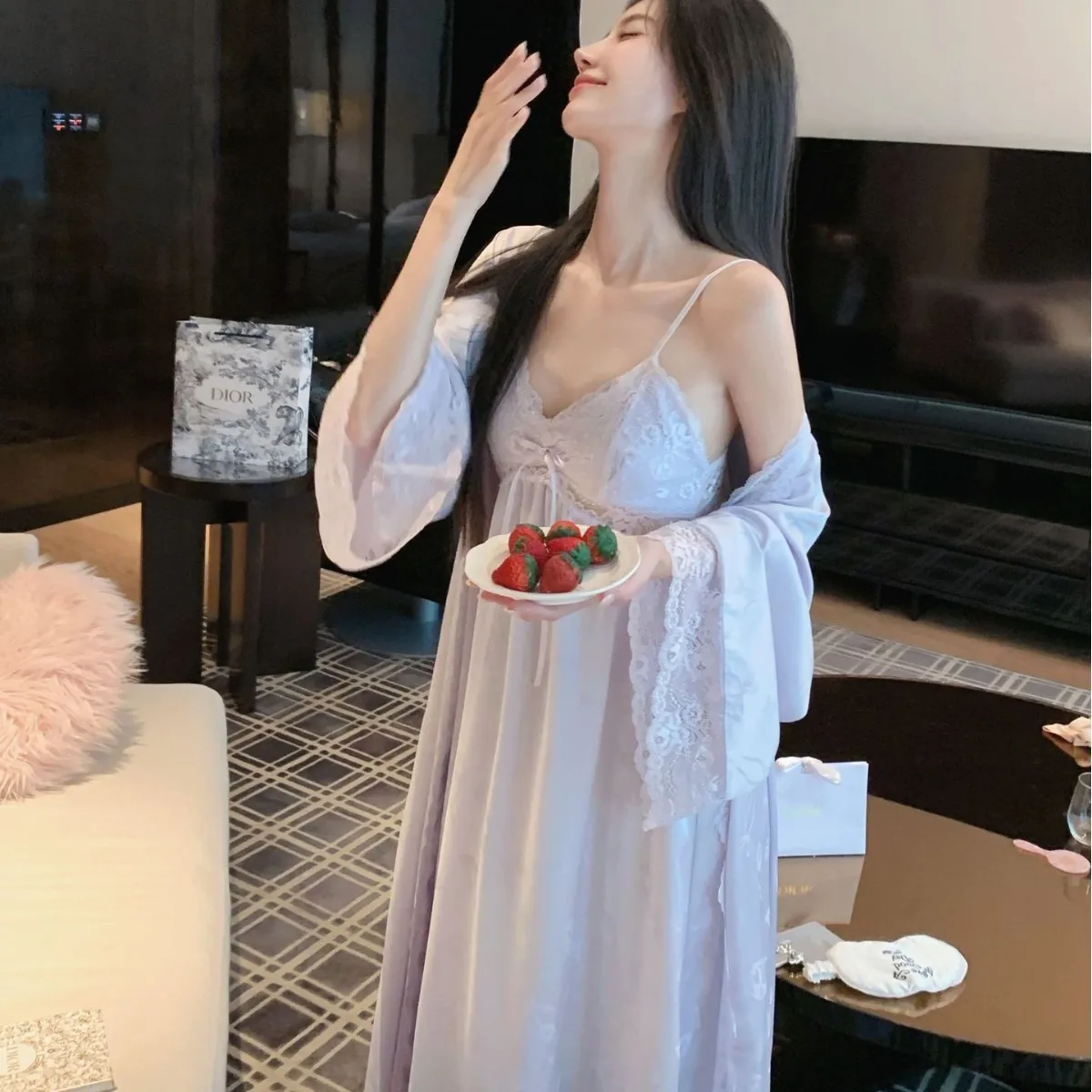 

Princess Style Robe Suit Women Satin Kimono Gown Lace Patchwork Nightdress 2Pcs Pajamas Set Sleepwear Loungewear Bride Kimono