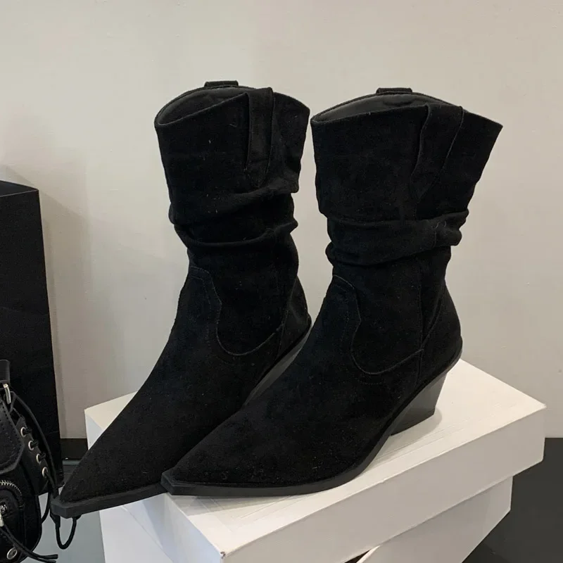 

Aneikeh/Осенне-зимние плиссированные женские ботильоны, модные винтажные вечерние модельные туфли на низком каблуке с острым носком