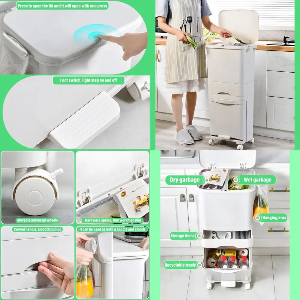 

Large 42L Three-Layer Vertical Waste Sorting Bins with Wheels for Kitchen, Bedroom, Living Room - White