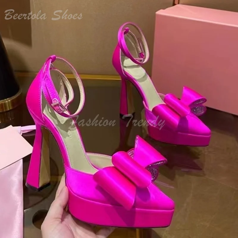 Fuchsia Platform Crystal Heels Rose Red Woman Black Satin Sandals White Bow Buckle Pointed Pump Elegant Dress Hot Chick Shoes