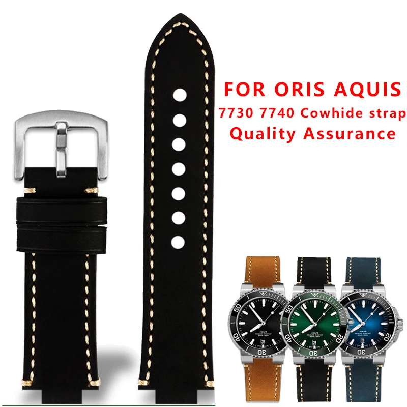 Convex mouth wristband For ORIS diving AQUIS retro Cowhide 733 7730 7740 men's watch strap 24 * 12mm 24 * 11mm belt