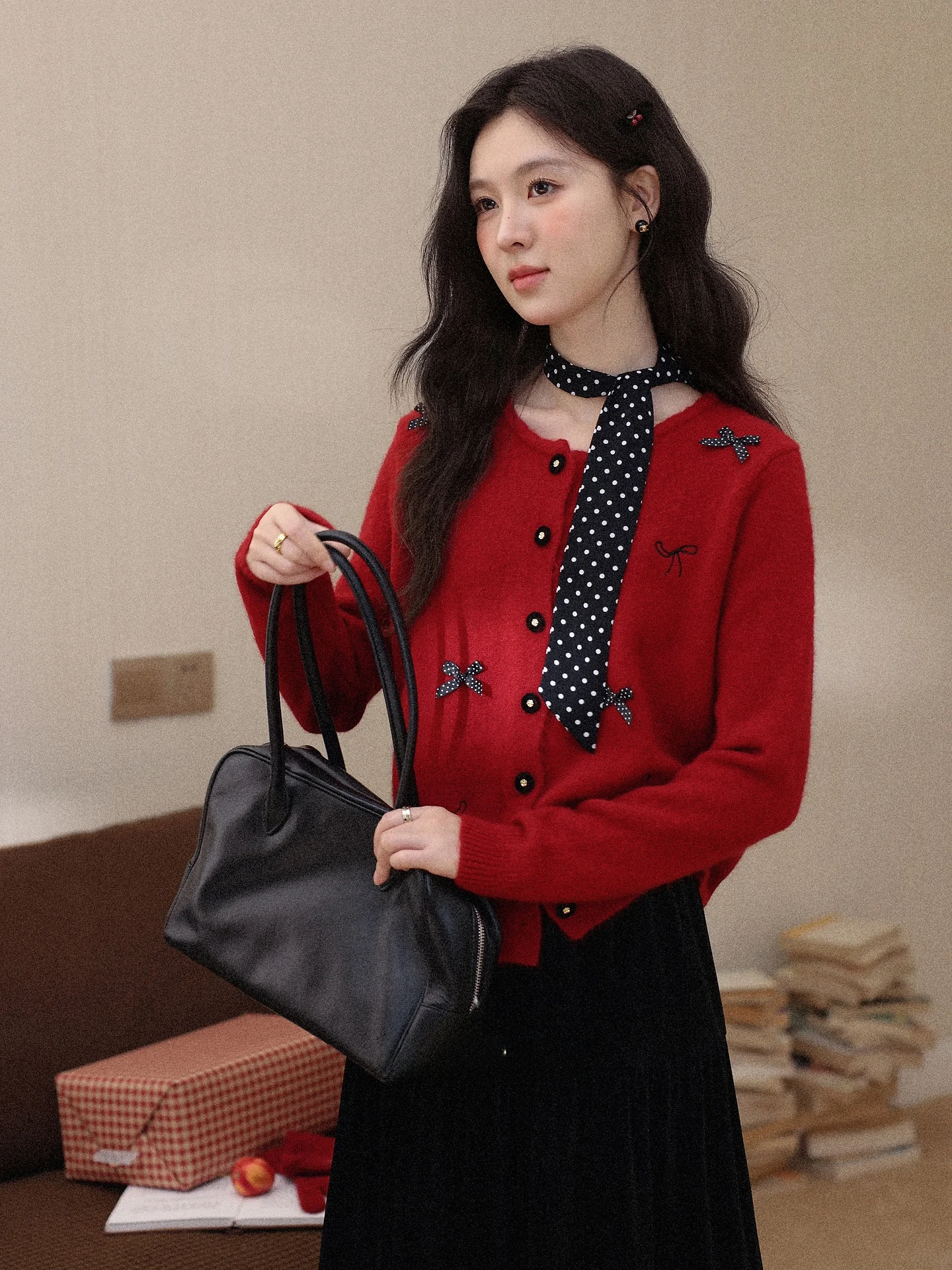 

Cisas Red Knitted Sweater Women's Autumn Winter Slimming Open Cardigan Top Ele Sle Straight Cut Long Sve round Ne