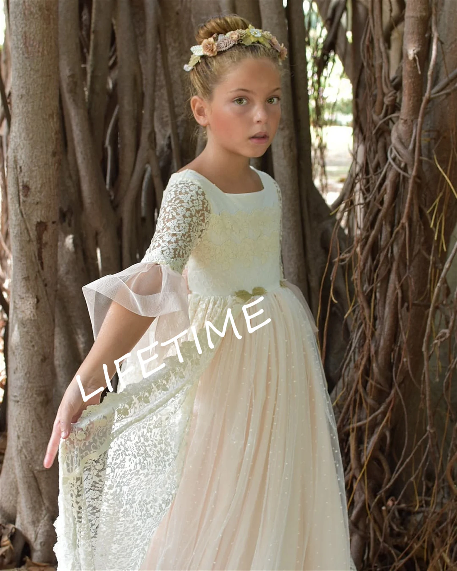 Flower Girl Dress Vintage FairyPrincess Lace Floral Ribbon Belt Bridemini Bridesmaid Tulle Long Gown Communion Party